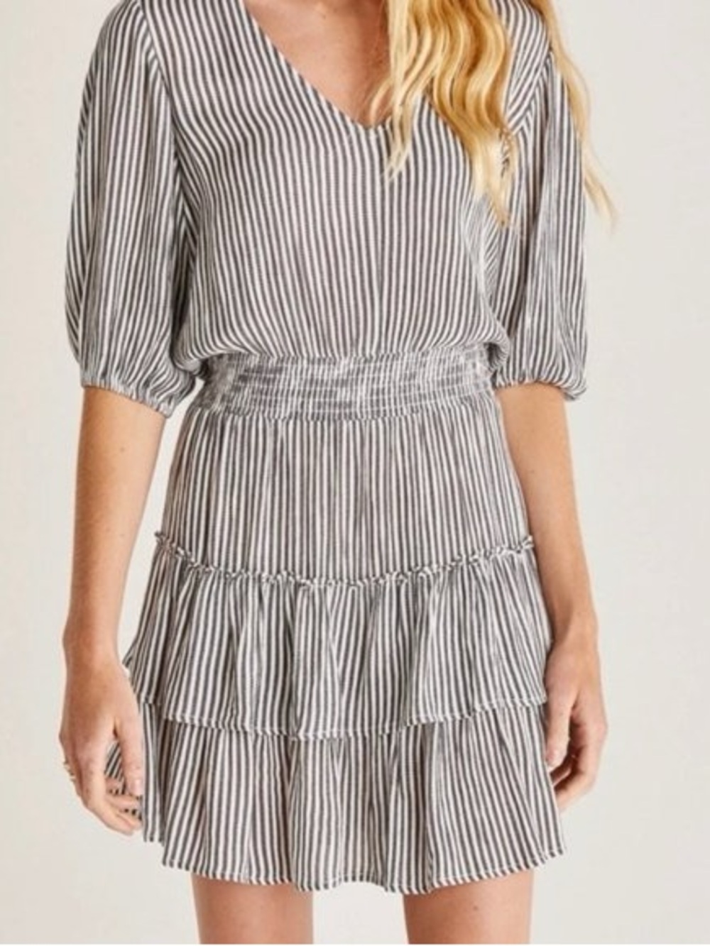 Z Supply-Striped V-Neck Tiered Dress in Gray and White